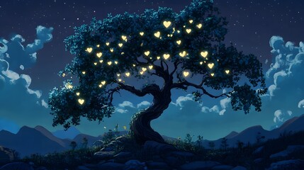 A Majestic Tree Illuminated by Glowing Hearts Under a Starry Night Sky, Surrounded by Serene Mountains and Delicate Clouds, Evoking Whimsy and Tranquility