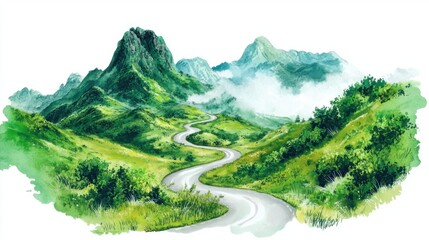 A beautiful mountain pass with sharp turns and lush greenery, creating a serene scenic route, isolated on a white background