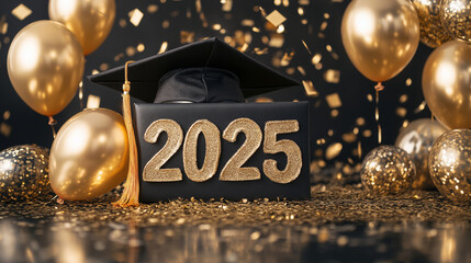 Graduation Cap with Glittering 2025 Numbers and Golden Balloons on Black Background..