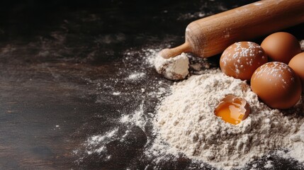 Flour and fresh eggs set on a dark wooden table, ready for creating delicious homemade baked goods, with a traditional and inviting culinary theme.