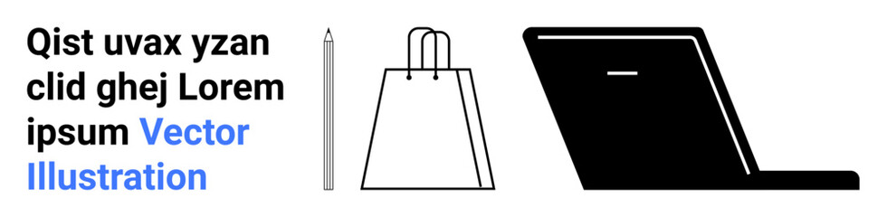 Text with pencil, shopping bag, and laptop representing digital design, e-commerce, creativity, online shopping, technology, education and remote work. Ideal for websites presentations marketing