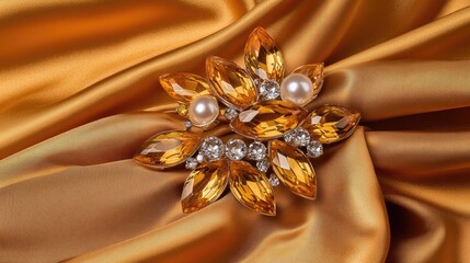 Elegant sunflower pendant features luminous yellow gemstones and pearls, beautifully presented on soft golden silk fabric