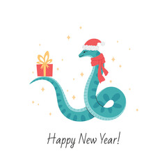 Happy New Year postcard with a snake in Santa Claus hat with a gift box. 2025 New Year symbol. Chinese lunar new year symbol. Vector illustration