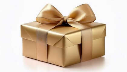 Obraz premium Luxurious gold gift box with elegant satin ribbon bow on white background, perfect for holidays, celebrations, weddings, anniversaries, birthdays, luxury branding, festive events, and gift concepts