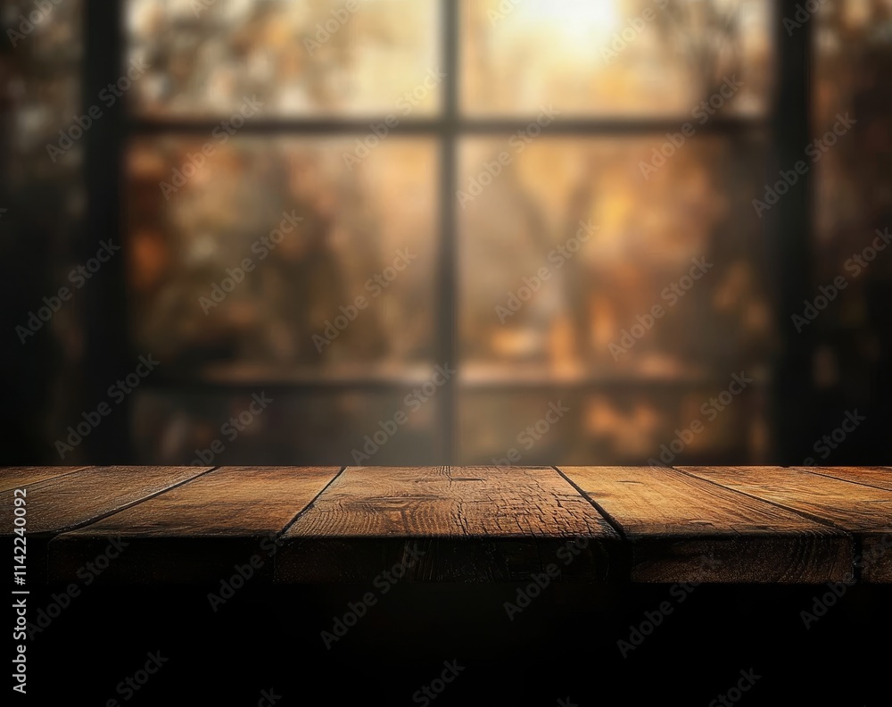 Aufkleber rustic wooden table against blurred autumn window background.