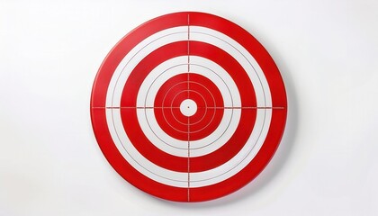 Red and white concentric circle target pattern on a flat white wall, symbolizing precision, accuracy, goals, focus, competition, success, and achievement, perfect for business, sports, or marketing 