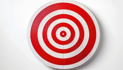 Red and white concentric circle target pattern on a flat white wall, symbolizing precision, accuracy, goals, focus, competition, success, and achievement, perfect for business, sports, or marketing 