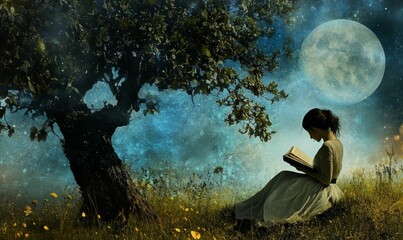 Fototapeta premium Girl reads book beneath tree, large moon.