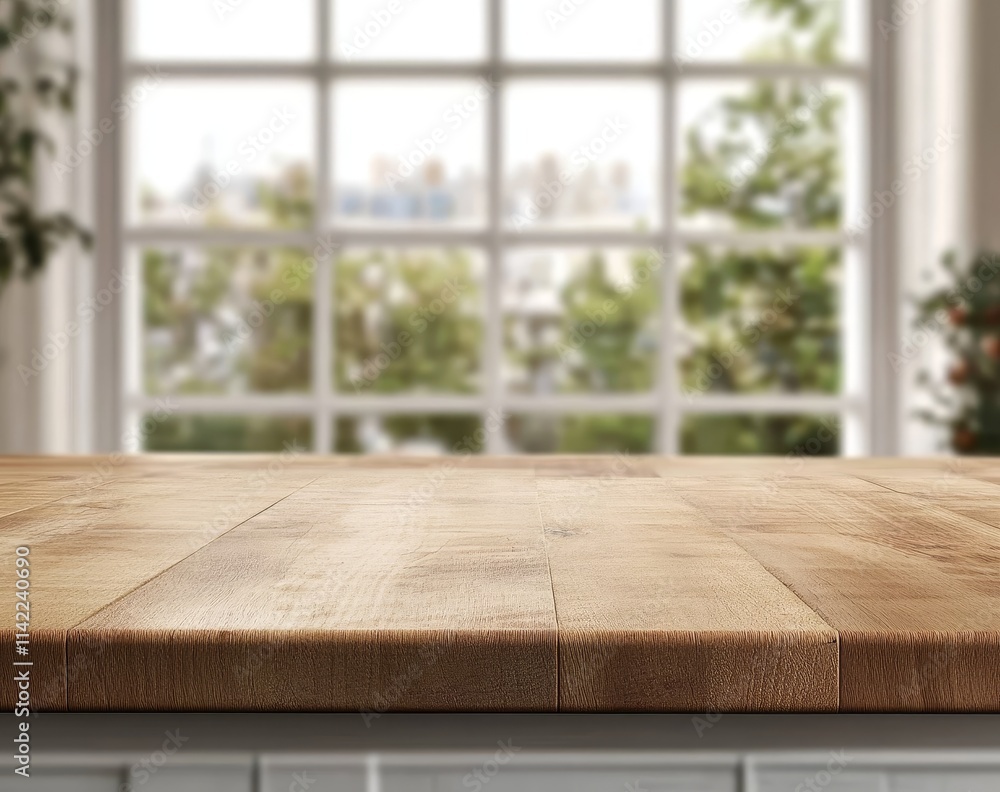 Poster empty light wooden table against blurred window with city view.