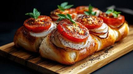 Close-up of freshly baked rolls topped with sliced tomatoes and onions, garnished with fresh basil on a wooden board, highlighting texture and freshness.