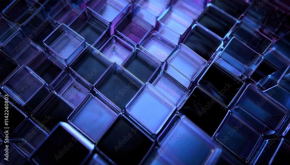 Poster Futuristic Blue Glass Cubes in Abstract 3D Grid Design with Reflections and Light Illumination. Concept for Modern Tech Background, AI Systems, Digital Architecture, or High-Tech Innovation Graphics