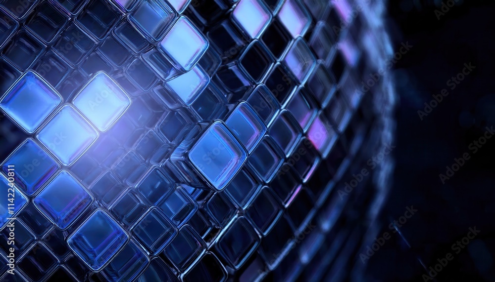 Aufkleber Futuristic Blue Glass Cubes in Abstract 3D Grid Design with Reflections and Light Illumination. Concept for Modern Tech Background, AI Systems, Digital Architecture, or High-Tech Innovation Graphics