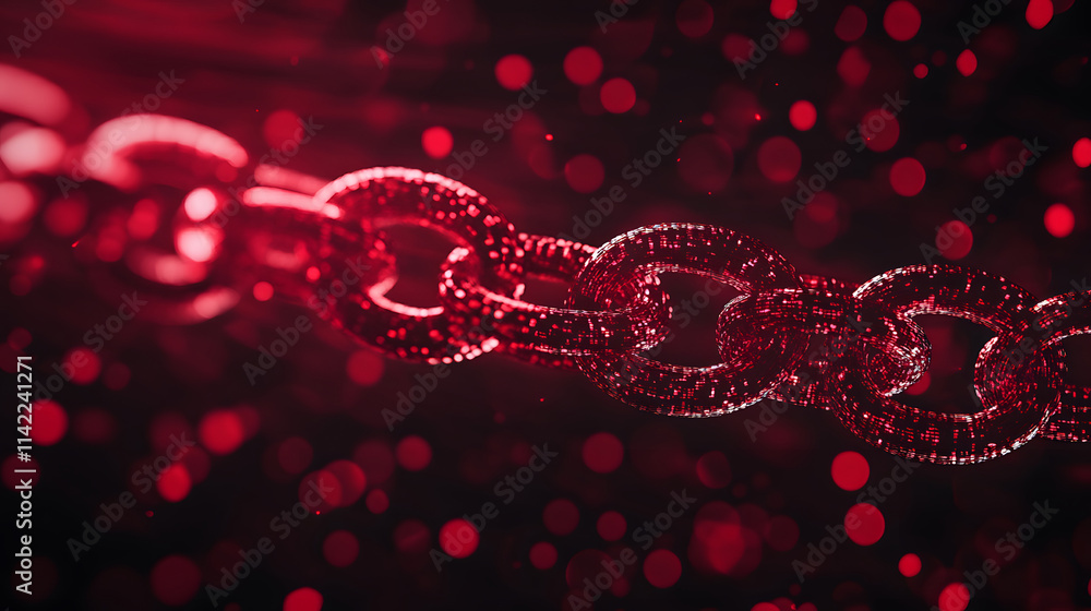 Poster A vivid red chain glimmers against a dark background, surrounded by shimmering particles that create a dynamic and striking visual effect