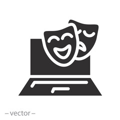 theatrical masks on computer, online theatre watching icon, cinema or opera presentation, flat vector illustration
