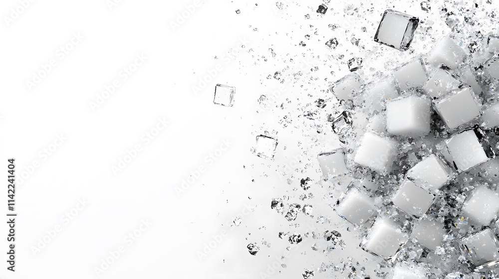 Aufkleber a close-up view of ice cubes scattered with splashes of water against a white background, creating a