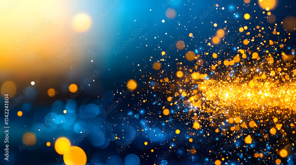 Poster A vibrant abstract image featuring sparkling golden particles against a blue and orange background, creating a dynamic and captivating visual effect
