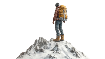 Hiker on top of a mountain, transparent background