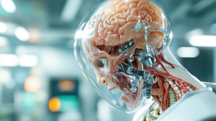 An anatomical model showcasing visible brain and muscular system, demonstrating the complex interplay of human anatomy and biomechanics in a futuristic setting.