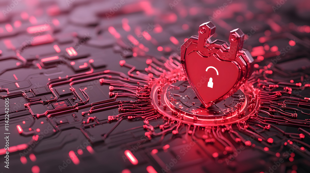 Poster a red heart-shaped padlock on a circuit board background symbolizes cybersecurity and digital protec