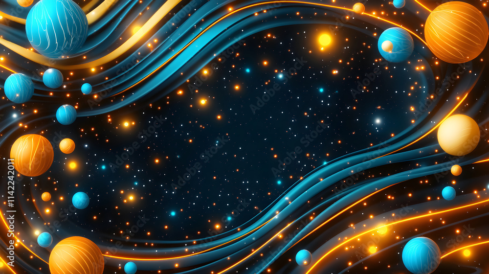 Poster a vibrant cosmic scene featuring colorful planets and glowing lines, set against a dark background f