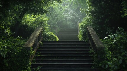 Wooden Steps Leading Through a Foggy Forest