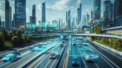 Naklejka premium Futuristic city traffic flow urban metropolis digital art high-tech environment aerial view smart transportation concepts
