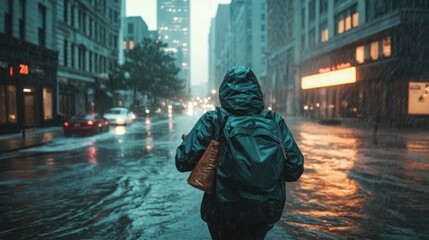 A person evacuating through a city street during a storm, carrying essentials and moving toward a designated evacuation point."