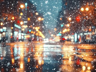 Obraz premium Winter Scene with Snowfall and Vibrant City Lights at Night