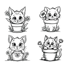 A set of a cat in a flower pot peeking out with a smile vector illustration