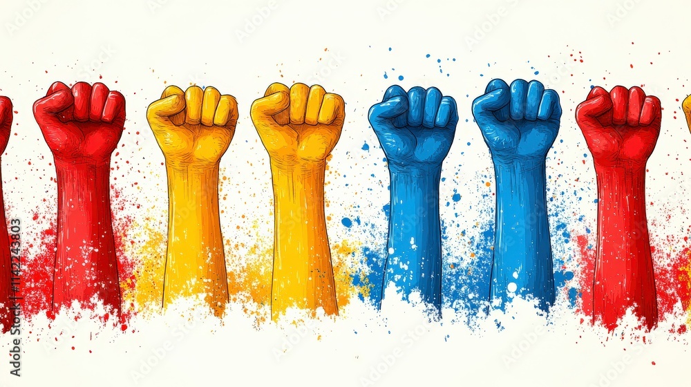 Aufkleber Colorful Raised Fists Symbolizing Unity and Strength with Paint Splashes Representing Diversity and Inclusivity in a Vibrant Artistic Composition