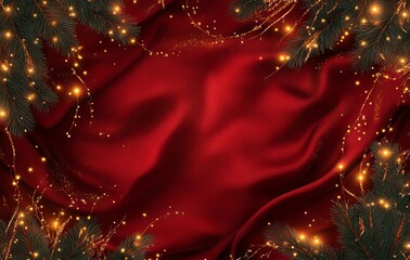 Christmas background with a red fabric texture, golden lights, and pine branches framing the edges. 