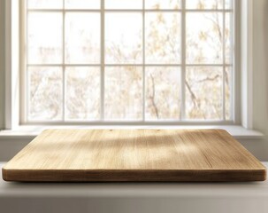 Empty wooden cutting board on white surface against bright window.