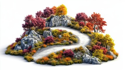 A winding mountain pass with vibrant foliage on either side, creating a scenic route, isolated on white