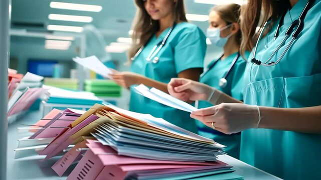 A team of healthcare workers collaborating to sort patient records into color-coded folders, each folder labeled with patient conditions or departments.