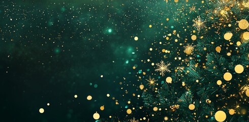 Christmas background with green and gold decorations, golden snowflakes, and blurred lights. Christmas tree decoration with golden balls and star-shaped ornaments. Christmas card banner template. Chri
