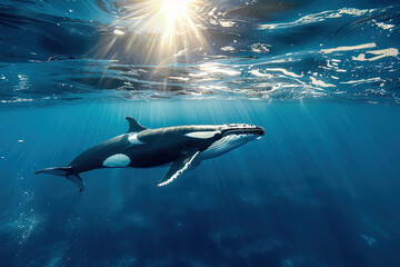 Obraz premium Fantastically beautiful majestic huge whale in deep ocean