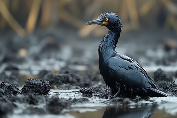 A marine bird covered in black oil, struggling to move along a polluted coastline, showcasing the dire consequences of oil spills on wildlife
