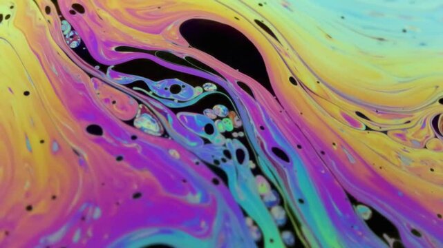Closeup video of a soap bubble showing thin film interference concept and the resulting different colors of light with each moving and swirling shapes. Perfect for illustrating concepts of physics.