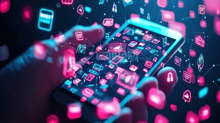 A hand holds a smartphone surrounded by vibrant digital icons, symbolizing connectivity and the vast world of mobile applications.