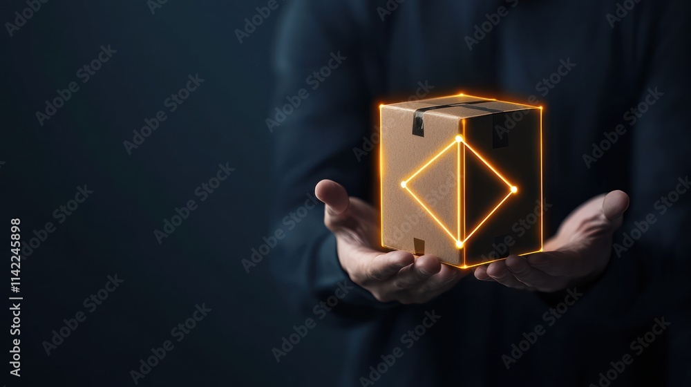 Poster a person holds a glowing cube, symbolizing innovation and technology, against a dark backdrop, empha