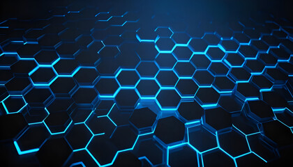 Abstract hexagonal grid with glowing blue lights and smooth gradients, a futuristic tech background ideal for IT, innovation, sci-fi themes, artificial intelligence, and technology visuals.