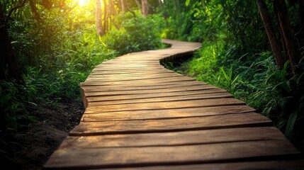 Obraz premium Wooden Path Through Lush Greenery
