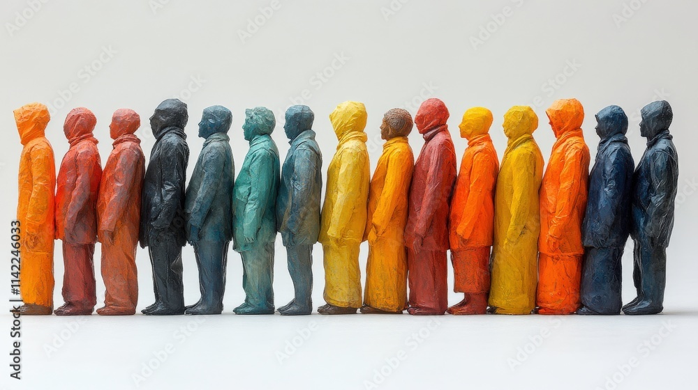 Poster colorful row of abstract figurines representing diversity and human connection in art, showcasing in