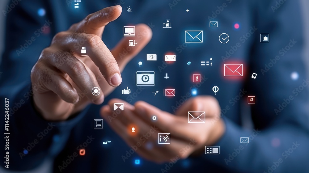 Poster a person interacts with digital icons representing communication and technology, symbolizing connect
