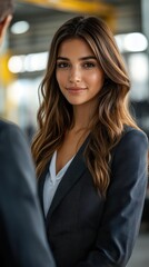 Procurement executive smiles confidently during business meeting at modern office