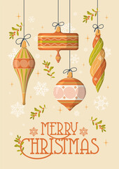 Merry Christmas vintage greeting card with xmas ornament and sign