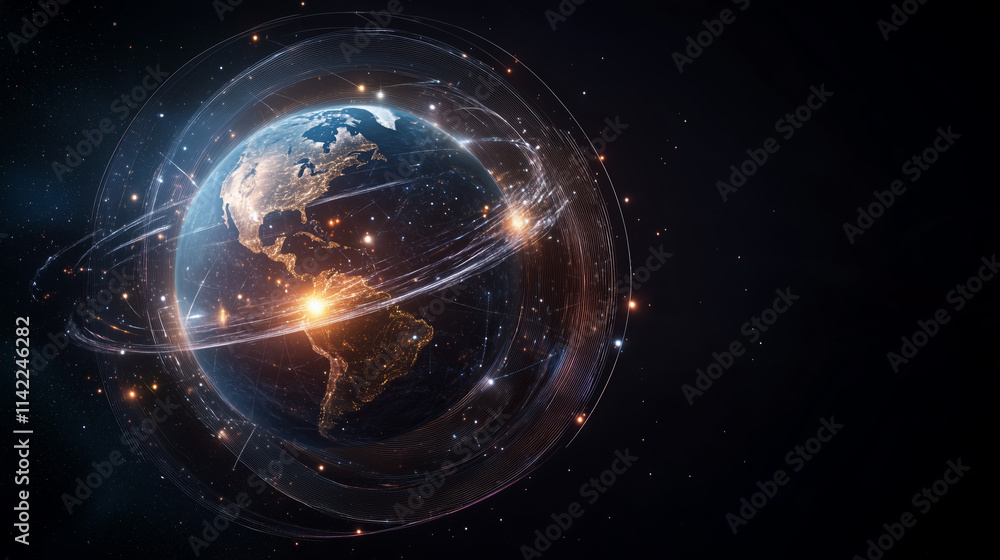 Poster visual representation of a spinning globe with lighting effects in a dark cosmic environment during 