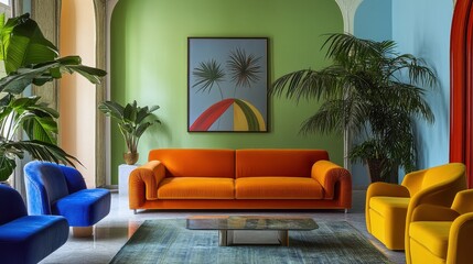 Vibrant orange velvet sofa in colorful room, plants & art. Image ideal for interior design, home decor, & lifestyle blogs.