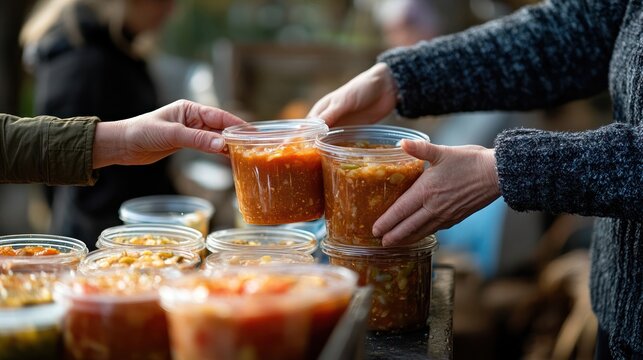 Hands exchanging prepared food containers at a farmers market.