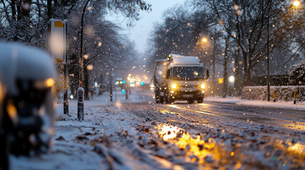 Obraz premium waste collection vehicle drives through snowy street, creating serene winter scene